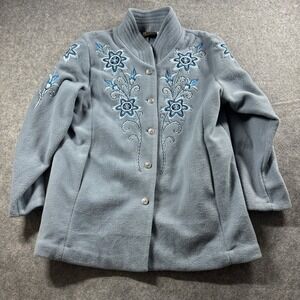 Bob Mackie Wearable Art Fleece Jacket Womens XL Blue Floral Embroidered